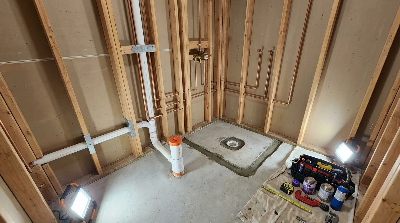 Bathroom rough-in plumbing during remodel by Johns Plumbing LLC in Wharton