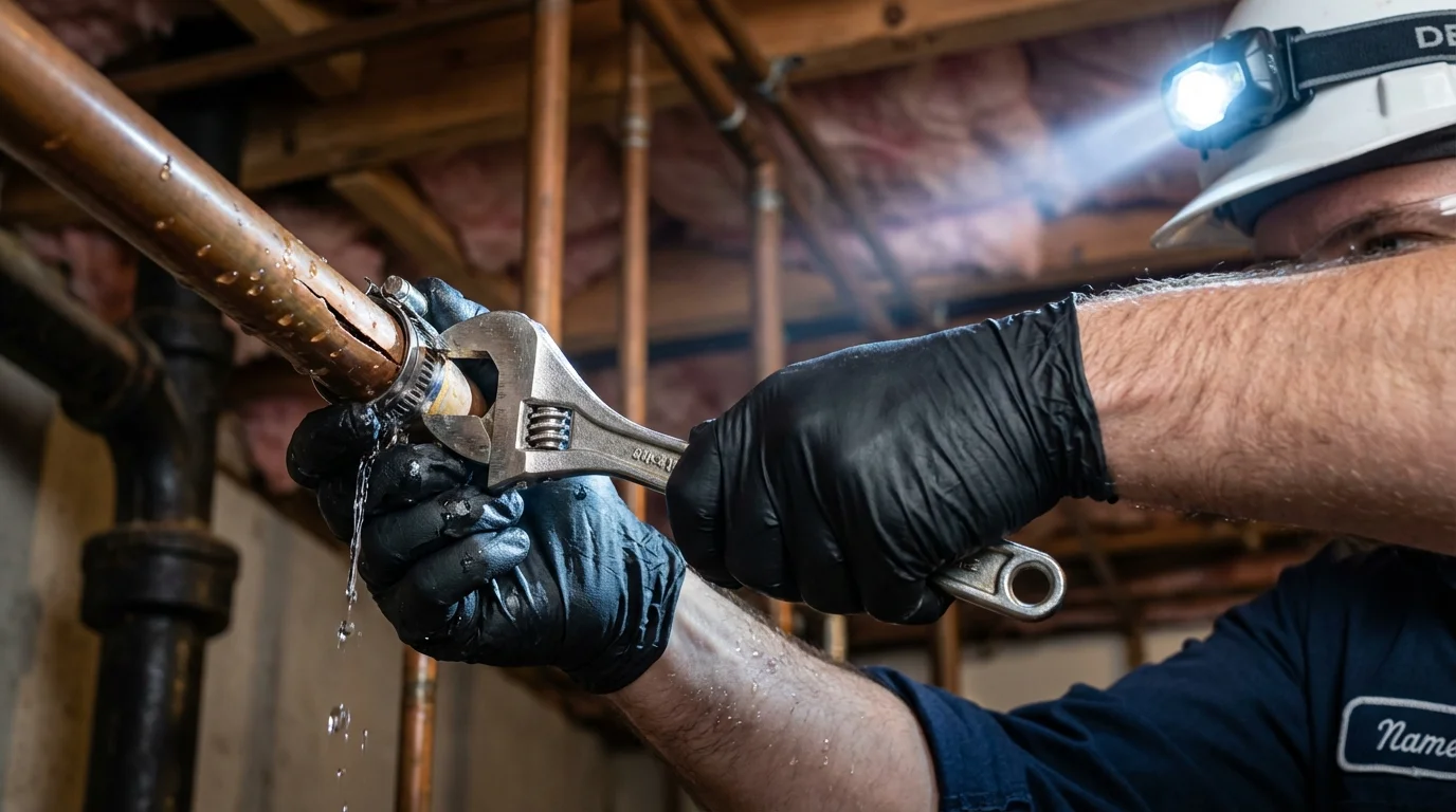 Emergency pipe clamp repair being performed by a Johns Plumbing LLC plumber in Wharton
