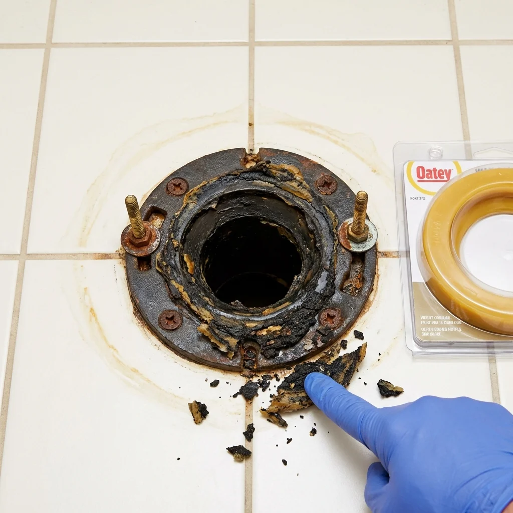Failed wax ring showing water seepage at the base of a toilet in a Wharton, NJ home