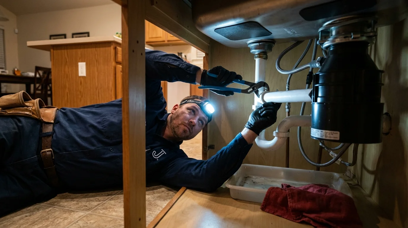 P-trap and supply line connections under a kitchen sink showing a common leak point in Wharton, NJ